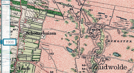Topografische kaart uit 1906 met het Schotterveld en het Zwarte Gat