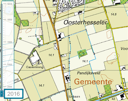 De topografische kaart met daarop de situatie zoals die nu is; in de rode cirkel ligt de mogelijke pingoruïne, nummer 1095