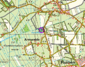 Kaart van de locatie van de Karstkoele, nr. 570, ten noordwesten van Ruinen