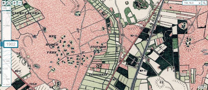 Topografische kaart 1902. Hierop is te zien dat in het terrein van de mogelijke pingoruïne meerdere rechthoekige veenputten liggen.