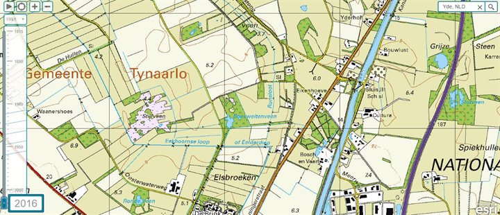 Topografische kaart 2016. Het min of meer ronde meertje is volledig omzoomd door een groene strook en heeft inmiddels de naam Boekweitenveen gekregen.