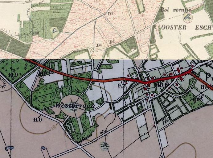 De historische kaart uit 1900 van het Westerveen, hier is de pingoruïne inmiddels omsloten door bos.