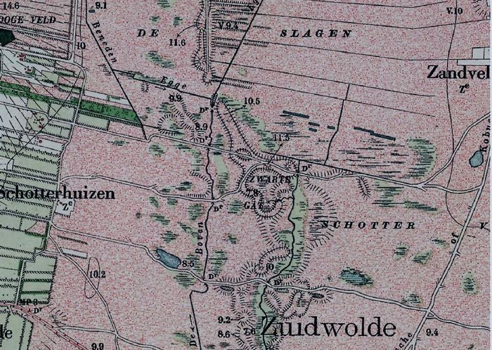 Topografische kaart 1900; Het Zwarte Gat was toen ook al een natte plek.