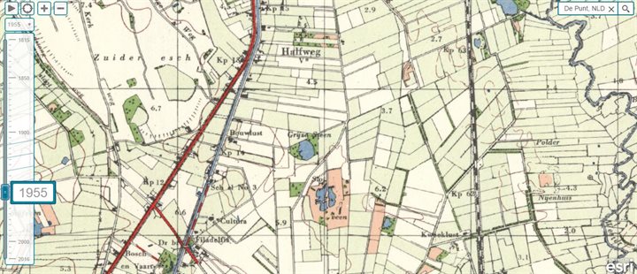 Topografische kaart uit 1955. Voor het eerst officieel de naam Grijze Steen, ook is het inmiddels een open rond watertje met een groene (bos)rand er omheen.