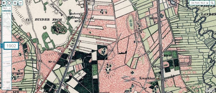 Topografische kaart uit 1902. Hierop zijn de rechthoekige veenputten goed te zien. Deze veenputten werden gebruikt om veen af te graven t.b.v. de brandstof.