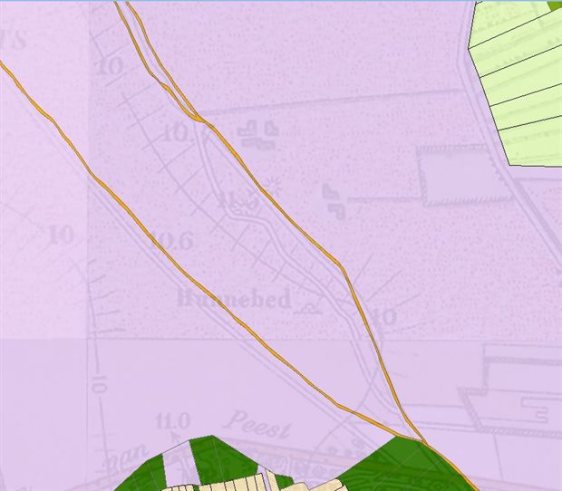 Historische kaart met grondgebruik uit 1832, waarop zichtbaar is dat de hele omgeving een nog onontgonnen heidelandschap was.