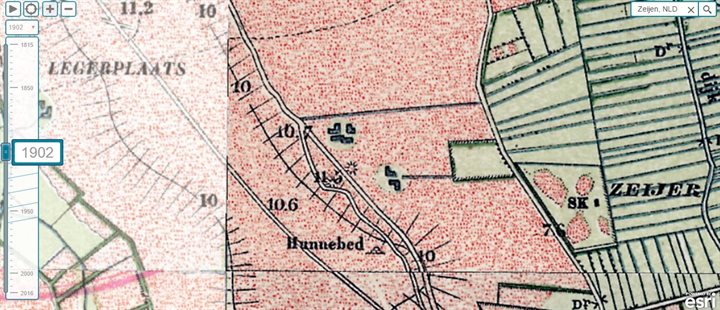 Topografische kaart van 1902. Hierop is te zien dat in het terrein van de pingoruïne meerdere rechthoekige veenputten liggen.