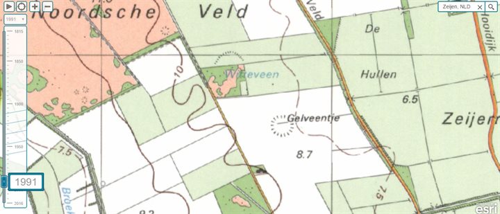 Topografische kaart van 1991. Inmiddels heeft er zich meer beplanting in de pingoruïne ontwikkeld en is het open water verdwenen. Het noordelijke deel is dan inmiddels omgevormd tot grasland.