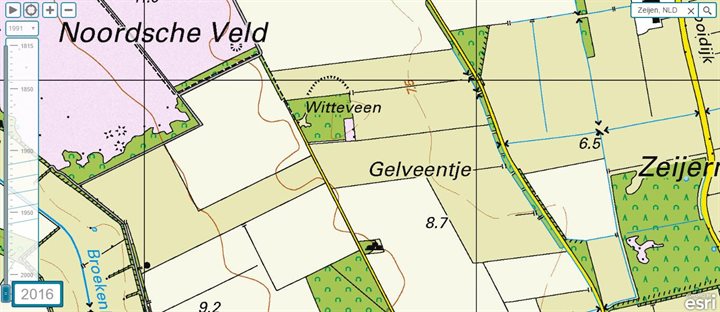 Topografische kaart van 2016. Het water is verdwenen en de pingoruïne is volledig dichtgegroeid met onder andere berkenbomen.