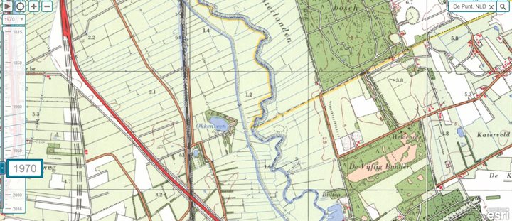 Topografische kaart van het gebied rondom het Okkenveen in 1970, de verbinding met de Drentsche Aa is verdwenen