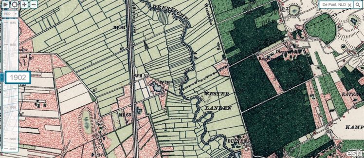 Topografische kaart van het gebied rondom het Okkenveen in 1902, hierop wordt het Okkenveen voor het eerst als open water weergegeven