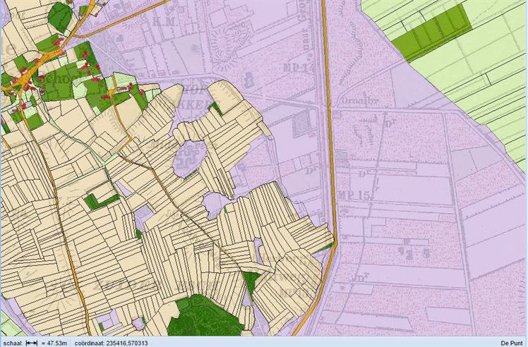 Kaartfragment van het grondgebruik van de mogelijke pingoruïne in 1832.