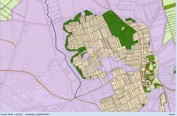 Grondgebruik van de mogelijke pingoruïne in 1832: roze betekent veen of heide.