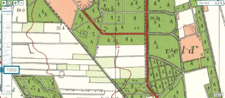 Kaart uit 1959; het terrein om en van de pingoruïne ligt grotendeels in bos