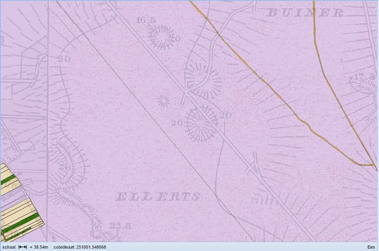 Kadastrale kaart van het grondgebruik uit 1832; het terrein waarin de pingoruïne ligt is roze, dit betekent dat het hier ene heide terrein betreft.