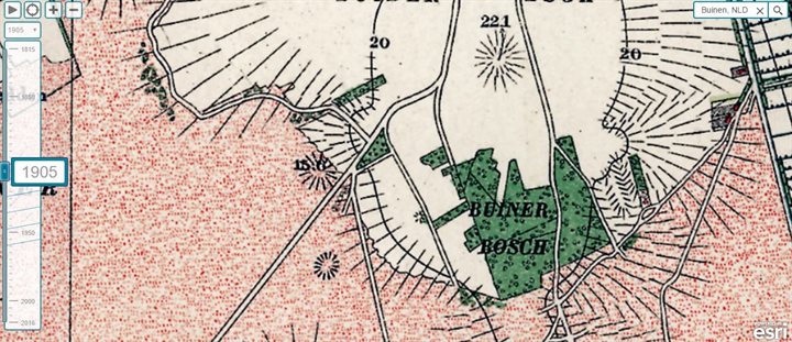 Topografische kaart 1905. De pingoruïne was toen in gebruik als bouwland, maar werd nog niet aangegeven als depressie.