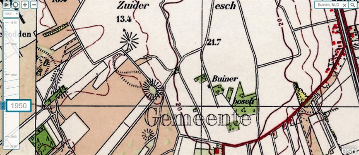 Topografische kaart 1950. De pingoruïne was nog steeds onderdeel van het bouwland, maar staat nu wel als depressie op de kaart.