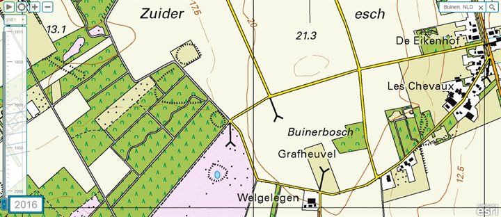 Topografische kaart 2016. De pingoruïne ligt als een postzegel in het landbouwgebied.