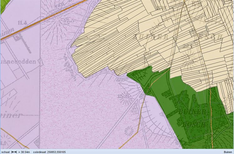 Kaart van het grondgebruik van de pingoruïne in 1832. In die periode werd de locatie wel als akkerland gebruikt.