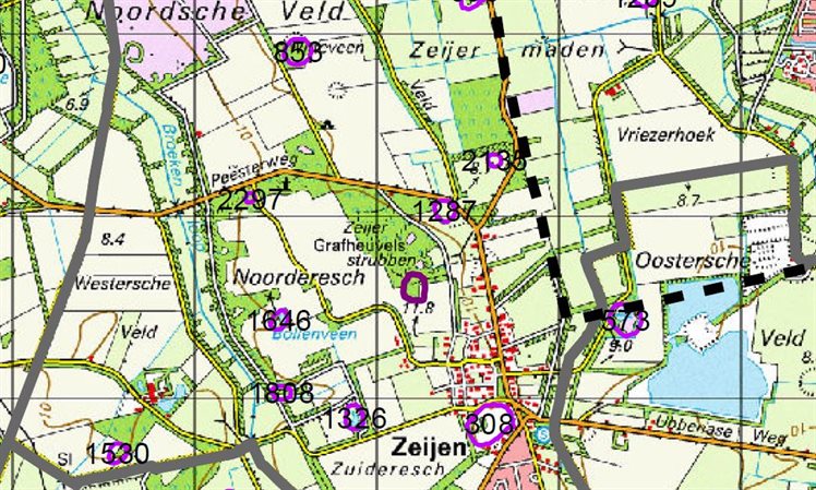Pingokaart met topografische ondergrond met in het midden (3010) het Holtveen ingetekend op de kaart.