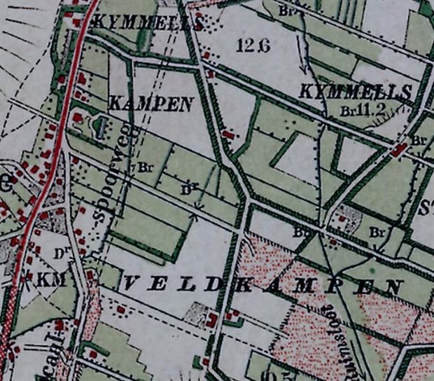 Topografische kaart 1900; het terrein van de pingoruïne is hier landbouwgrond.