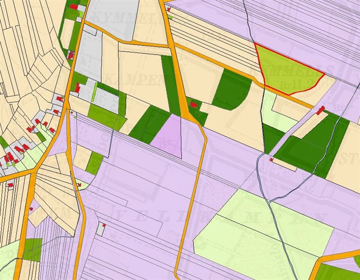 Kaart met Grondgebruik 1832; het terrein van de pingoruïne wort hier aangeduid als heide en veen.