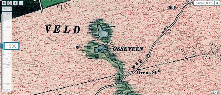 Kaartfragment van de topografische kaart uit 1900. Het Boorveen al als open plas in het heidegebied, ten zuiden van het Osseveen.