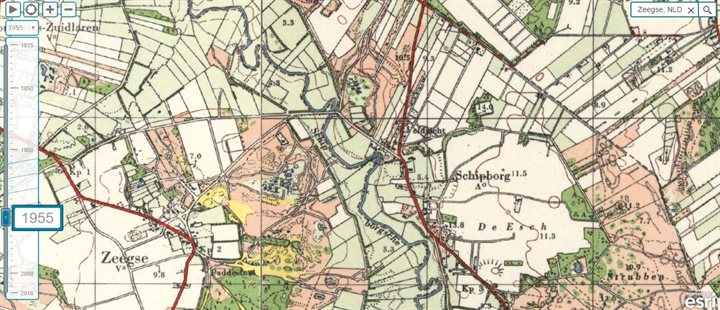 Topografische kaart uit 1955, de veenputten zijn langzaam aan het verdwijnen. Later ontwikkelt dit gebied zich tot een open plas.