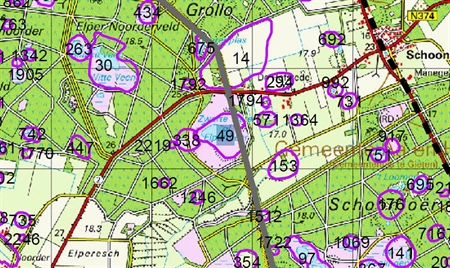 Topografische kaart met mogelijke pingoruïnes; het Elpermeer heeft nummer 49.