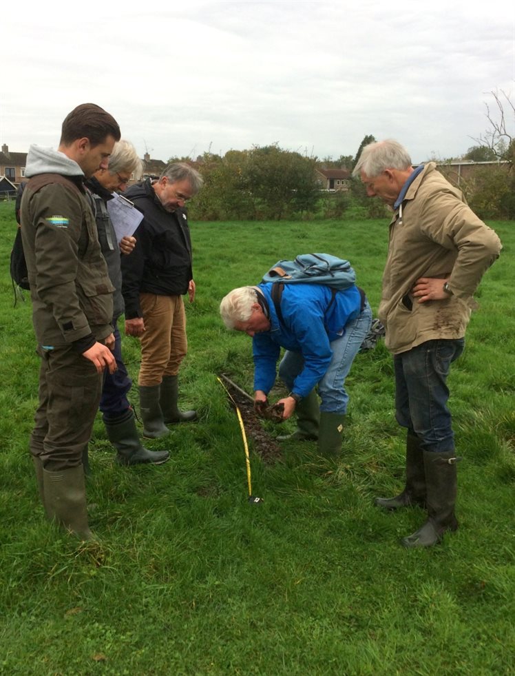 Groepje 2, met van links naar rechts: stagiair Jort Faber en vrijwilligers resp. Jan Keijzer, Frits van Vloten, Roelof Eleveld (gebogen) en Peter Tydeman (foto: Anja Verbers).